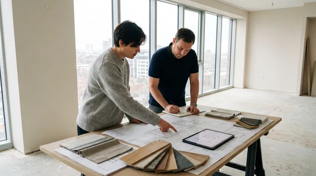 Designer et responsable de projet examinant des plans et des échantillons de finis dans un intérieur en chantier