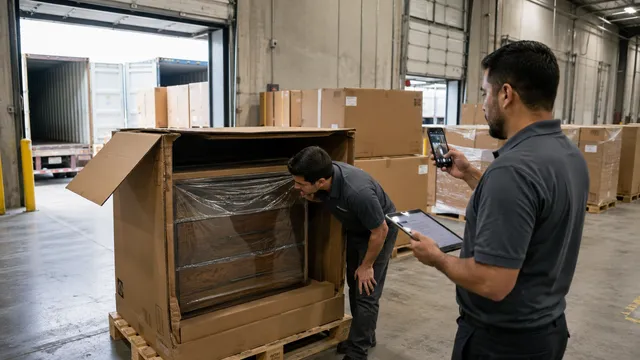 Équipe d’entrepôt ouvrant une caisse pour inspecter du mobilier emballé pendant qu’un collègue photographie le contenu