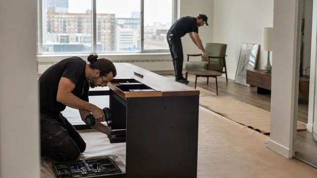 Installateur posant une coulisse de tiroir sur un buffet en noyer pendant qu’un collègue place un fauteuil dans un condo montréalais