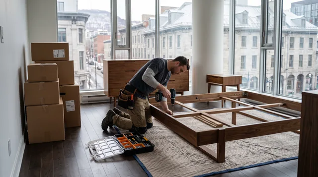 Installateur assemblant une base de lit en noyer sur une couverture, à côté d’une commode et d’une table de nuit déjà placées