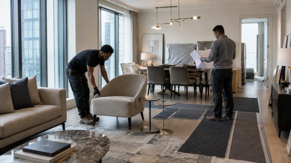 Installateur positionnant un fauteuil pendant qu’un collègue consulte les plans dans une suite modèle en tour