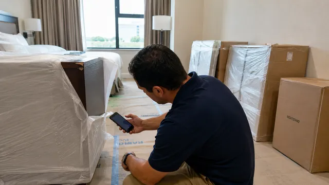 Installateur photographiant un dommage sur un meuble emballé dans une chambre avant son installation