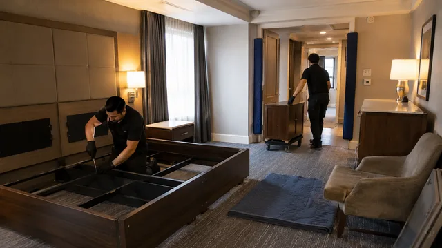 Installateur démontant une base de lit dans une chambre d’hôtel pendant qu’un collègue sort une table de nuit