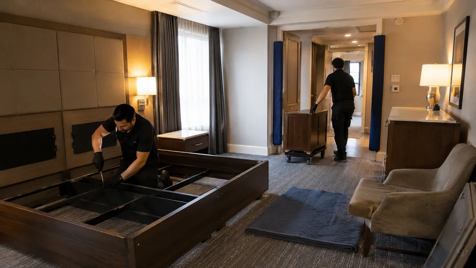 Installateur démontant une base de lit dans une chambre d’hôtel pendant qu’un collègue sort une table de nuit