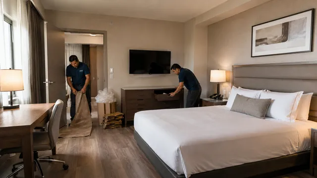 Équipe d’installation posant une protection de plancher et ajustant le mobilier dans une chambre d’hôtel terminée