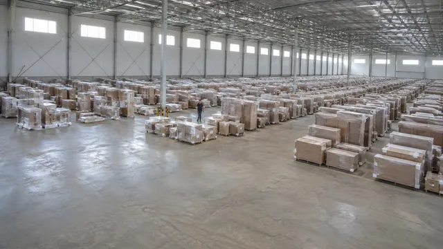 Rangées de mobilier d’hôtel emballé et palettisé sur une vaste aire d’entreposage