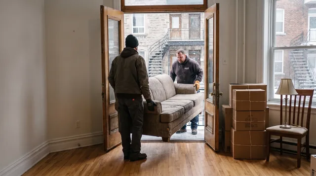 Deux déménageurs sortant un vieux sofa par les portes d’un appartement montréalais en hiver