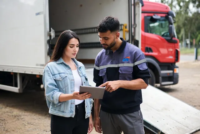 Camion de déménagement devant les édifices du Parlement en hiver
