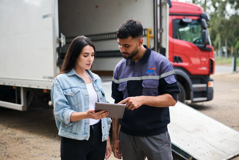 Camion de déménagement devant les édifices du Parlement en hiver