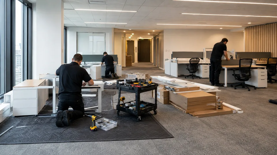 Installateurs montant des bureaux réglables et des caissons sur une protection de plancher dans un bureau