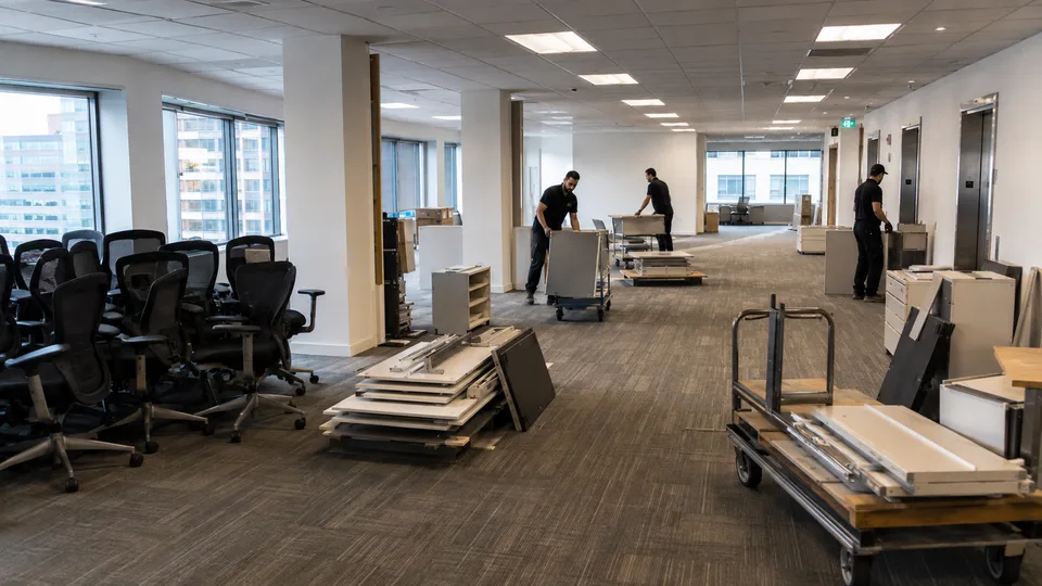 Équipe évacuant chaises de travail et plateaux empilés d’un étage de bureau vers les ascenseurs