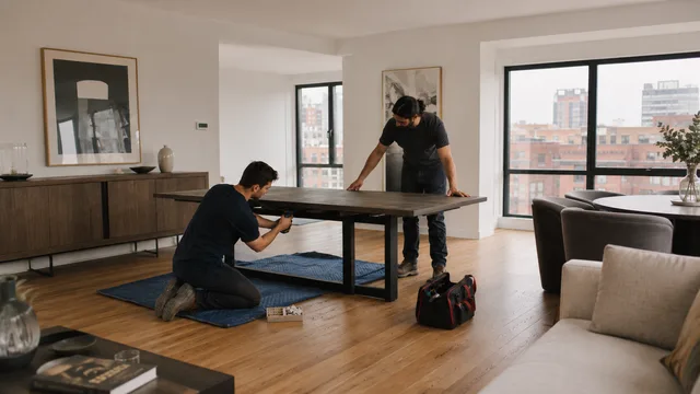 Deux installateurs mettant à niveau une table de salle à manger sur une couverture de protection, sac à outils ouvert