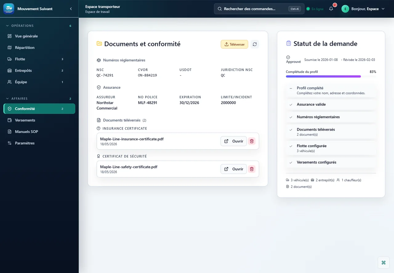 Portail conformite transporteur Next Movement avec controles de preparation