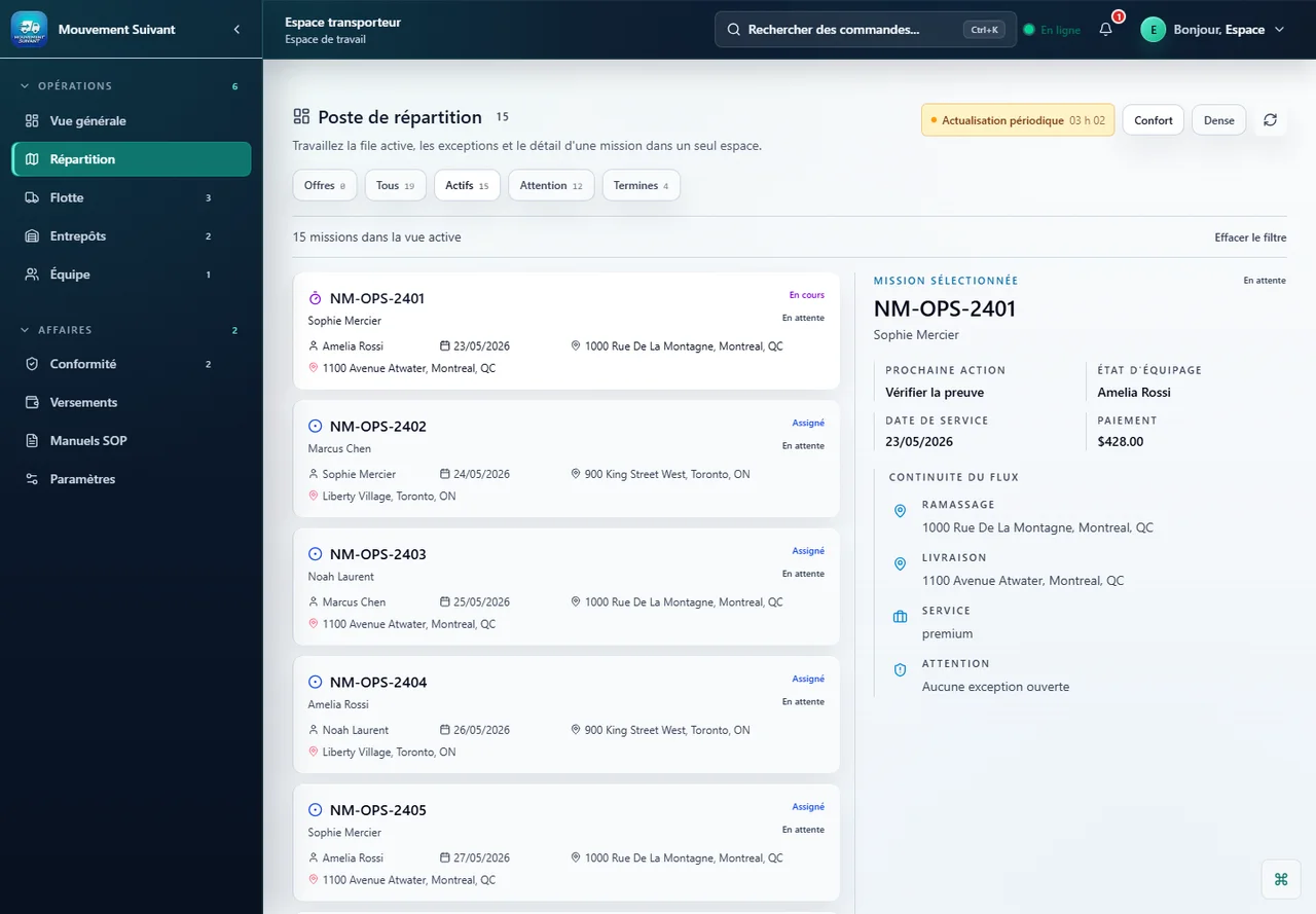 Portail repartition transporteur Next Movement avec taches actives et actions
