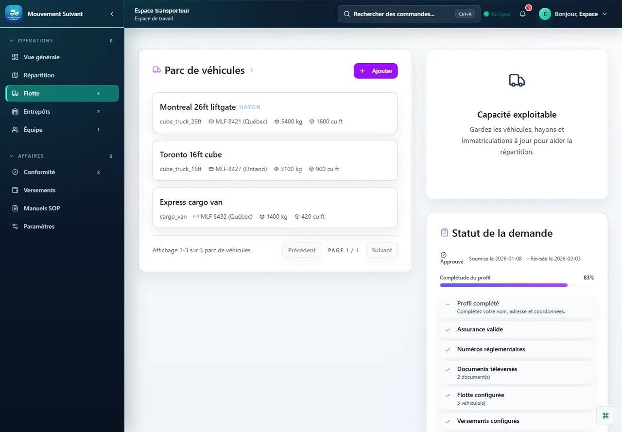 Portail flotte transporteur Next Movement avec vehicules et preparation