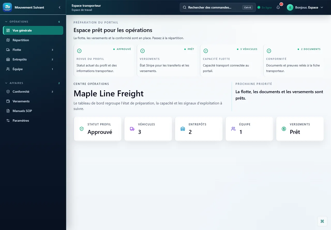 Vue du portail transporteur Next Movement avec console operations