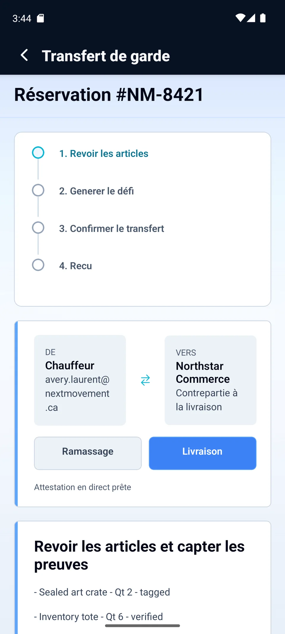 Application chauffeur native Next Movement avec confirmation de transfert