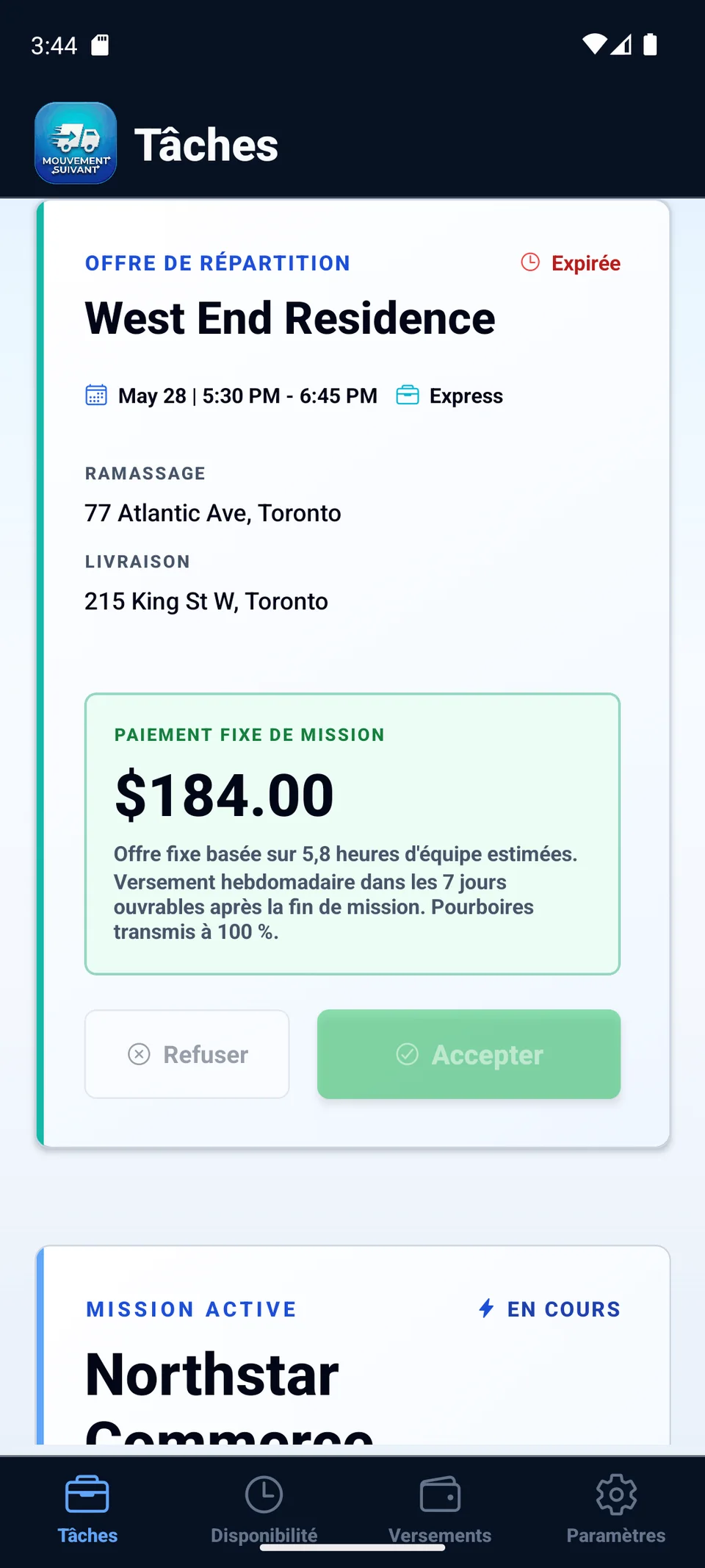 Application chauffeur native Next Movement avec missions et affectations
