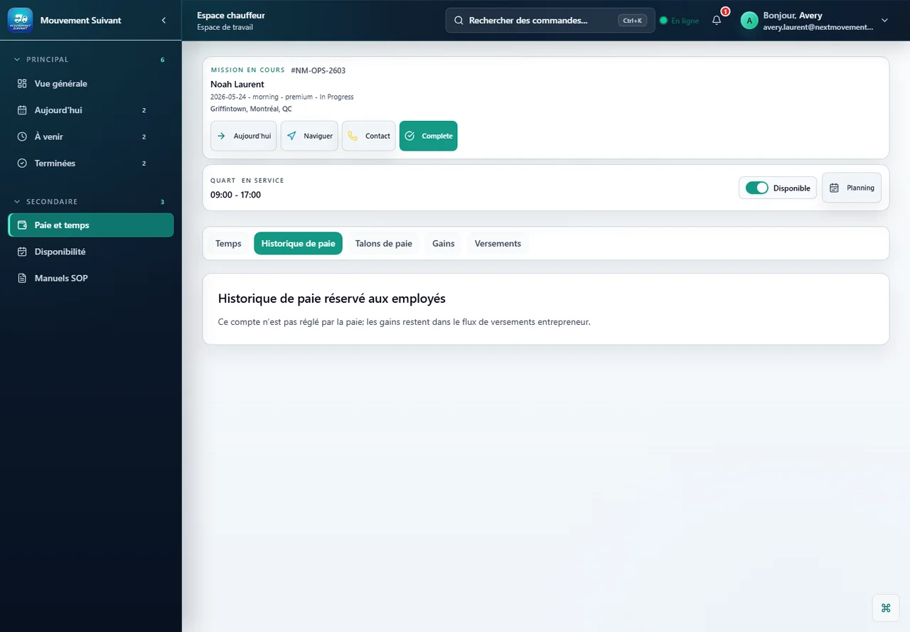 Portail chauffeur Next Movement paie avec statut et historique