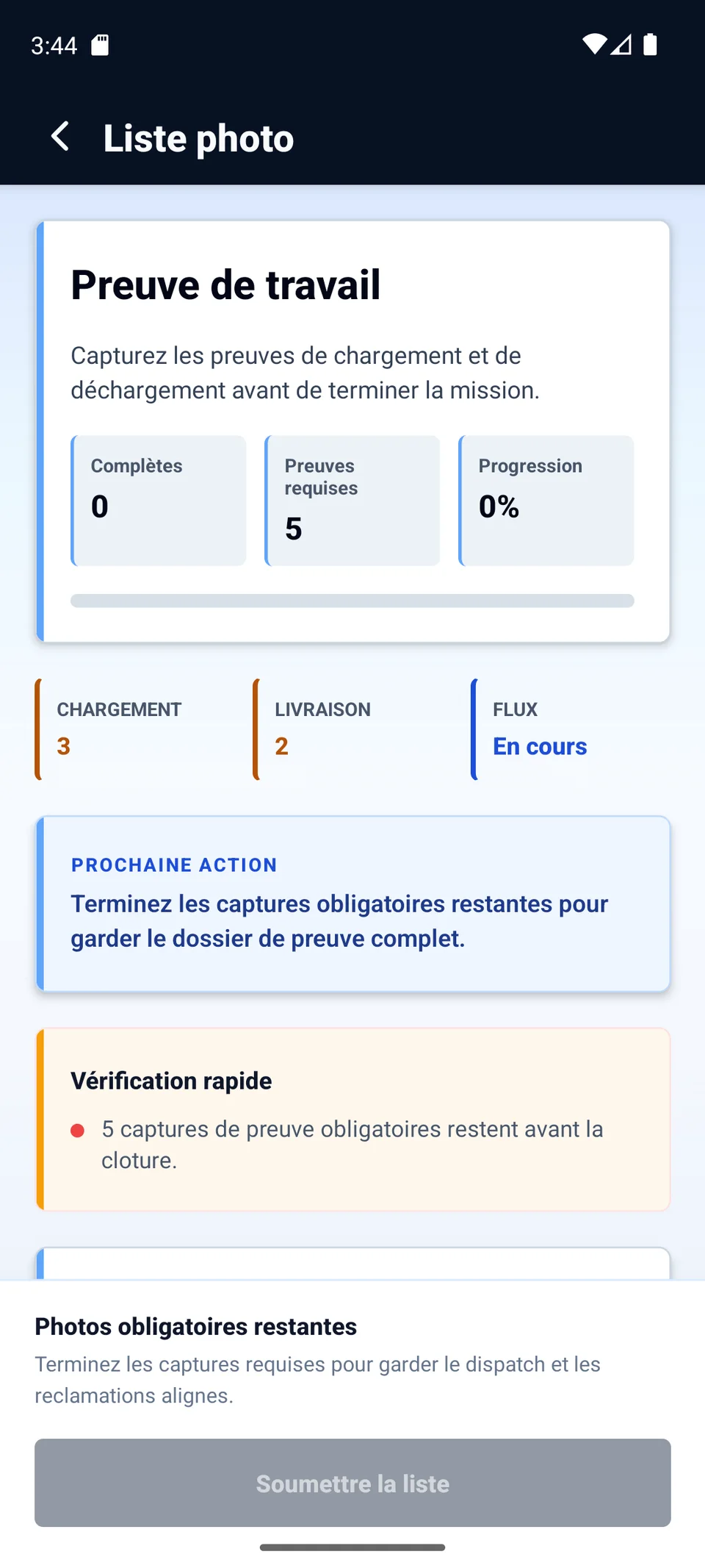 Application chauffeur native Next Movement avec liste de preuves photo