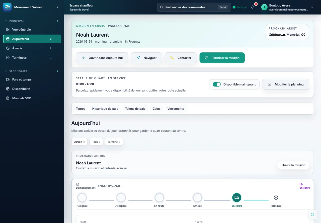 Portail chauffeur Next Movement aujourd hui avec etapes de route
