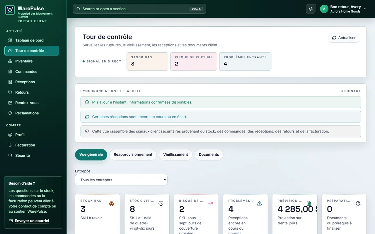 Tour de contrôle client WarePulse avec visibilite commandes et statut service entrepôt