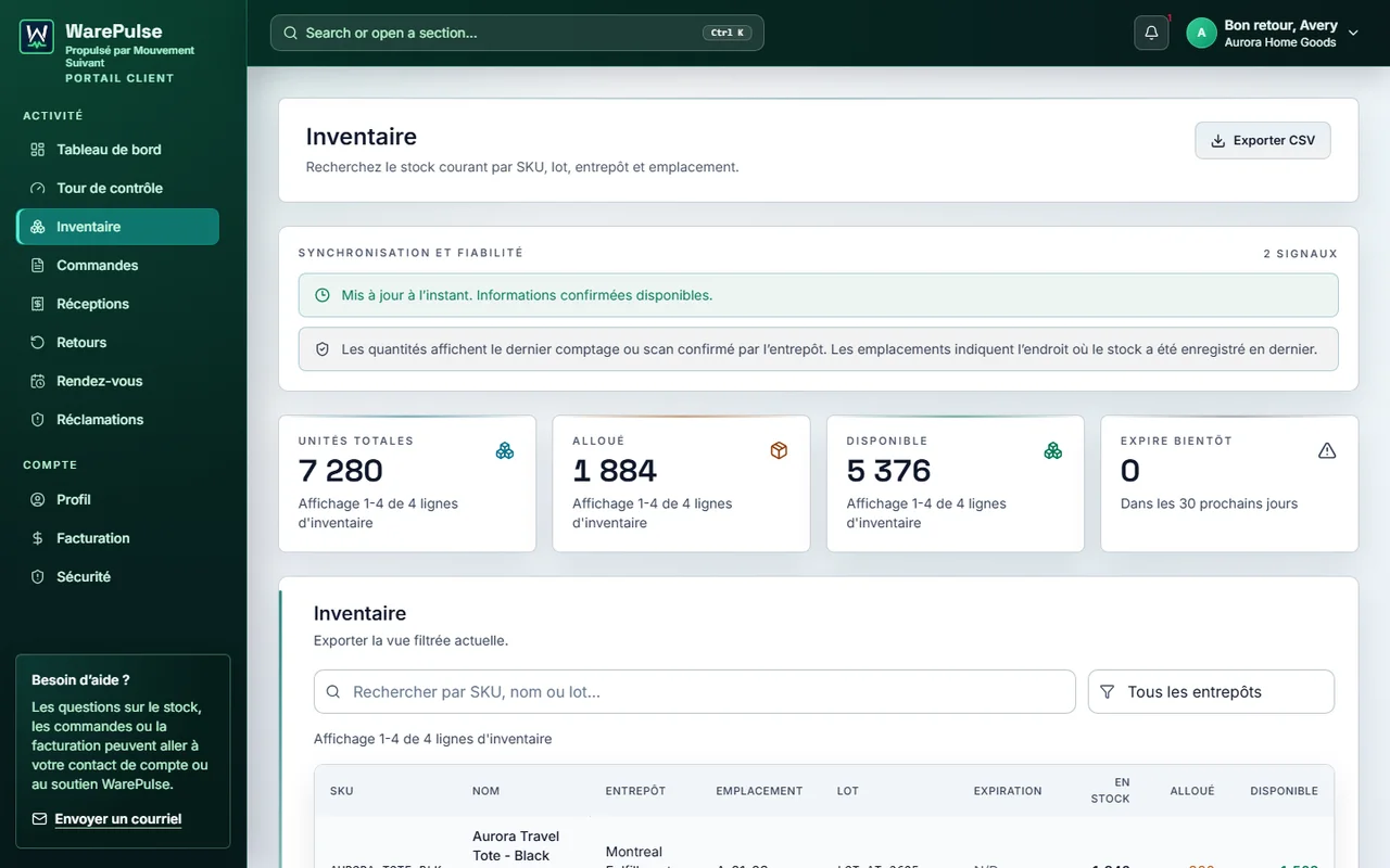 Inventaire client WarePulse avec stock, allocations et unites disponibles