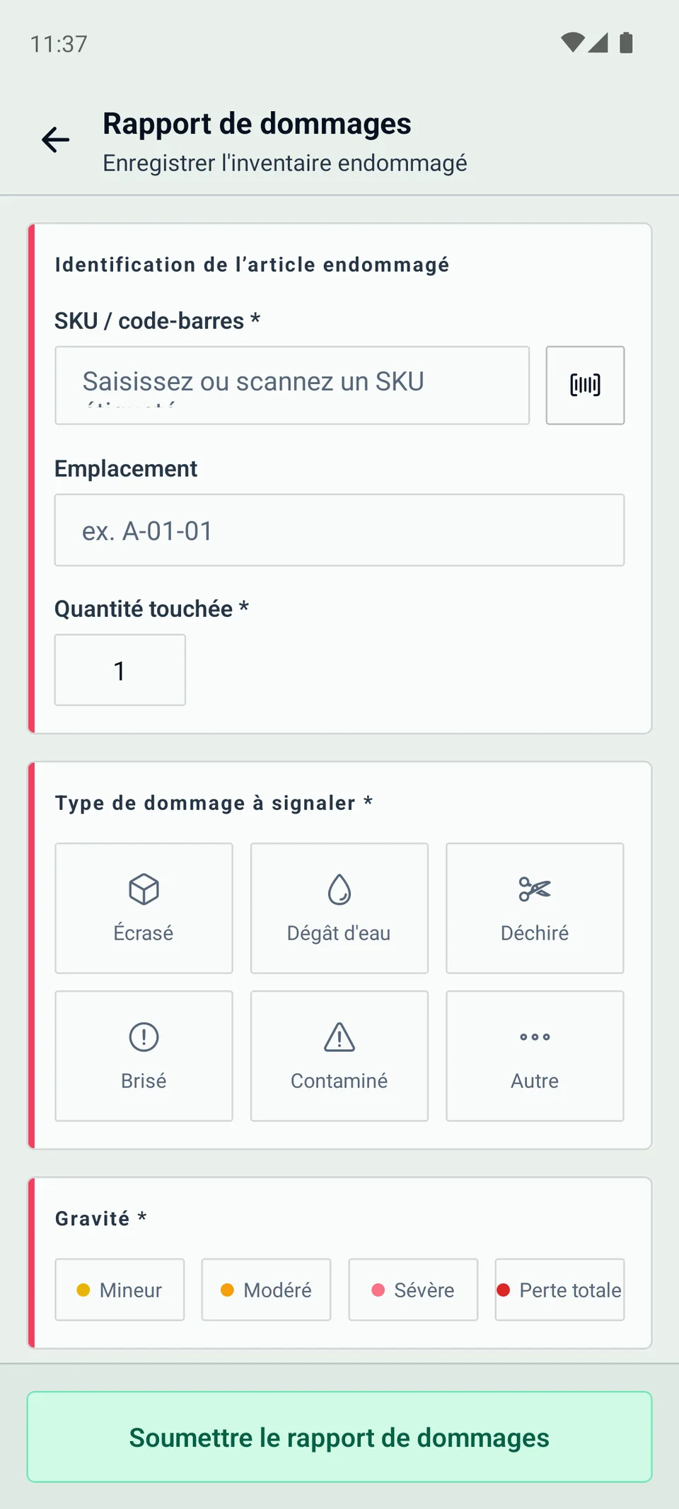 Application mobile WarePulse avec rapport de dommage, notes et preuves photo