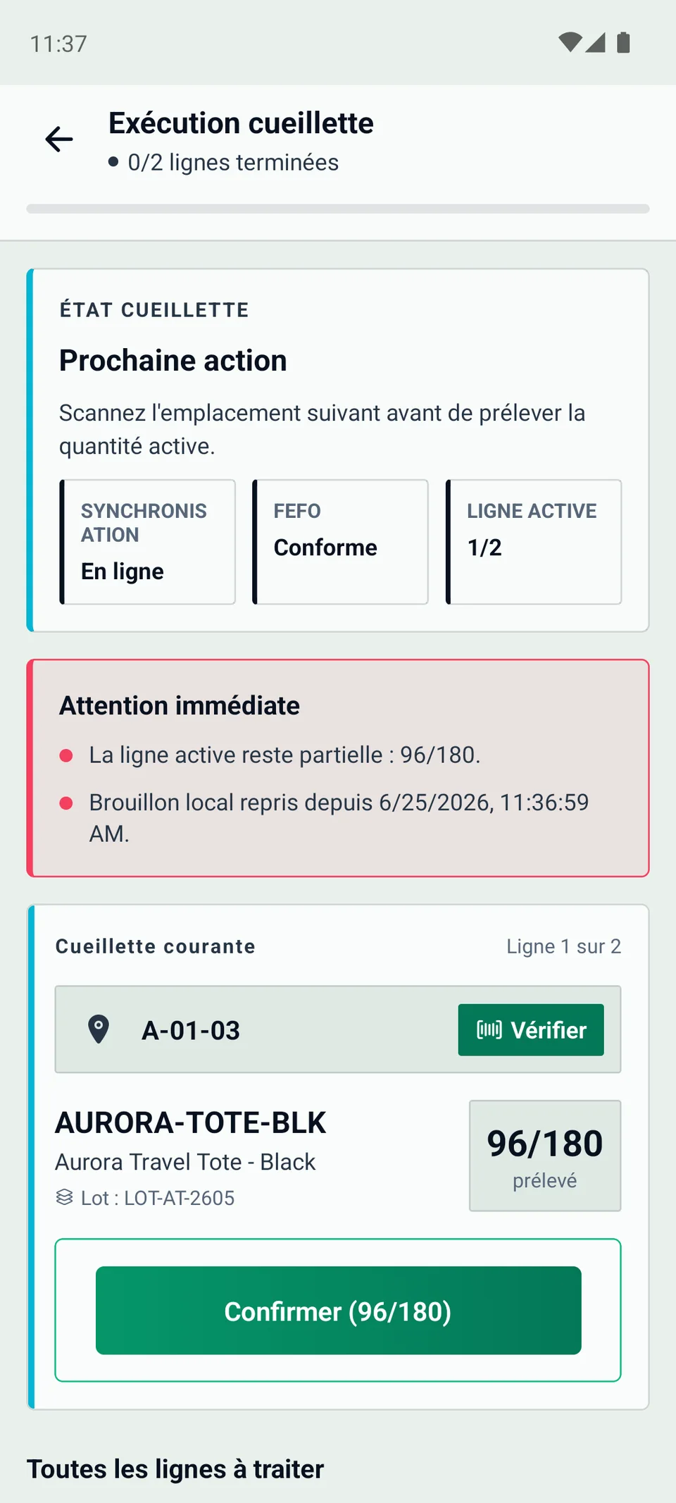 Application mobile WarePulse avec execution de cueillette et progression