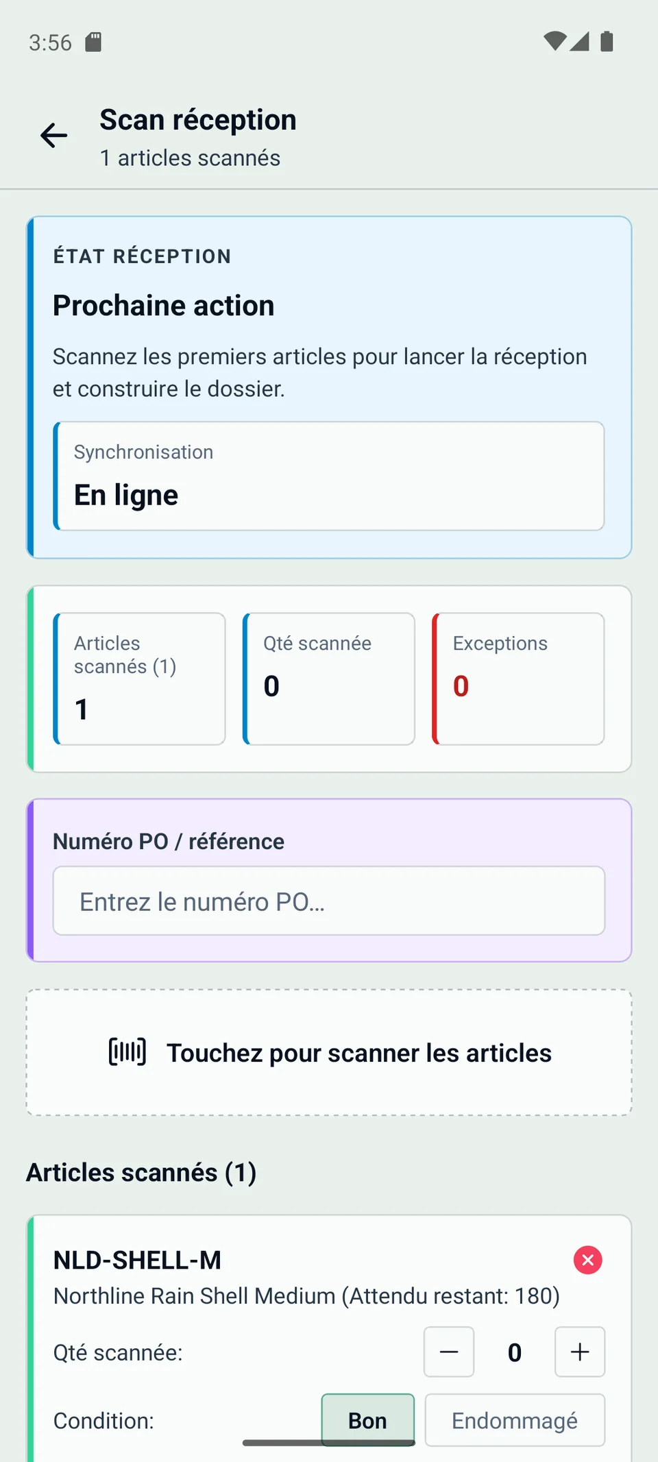 Application mobile WarePulse avec scan reception pour cartons entrants