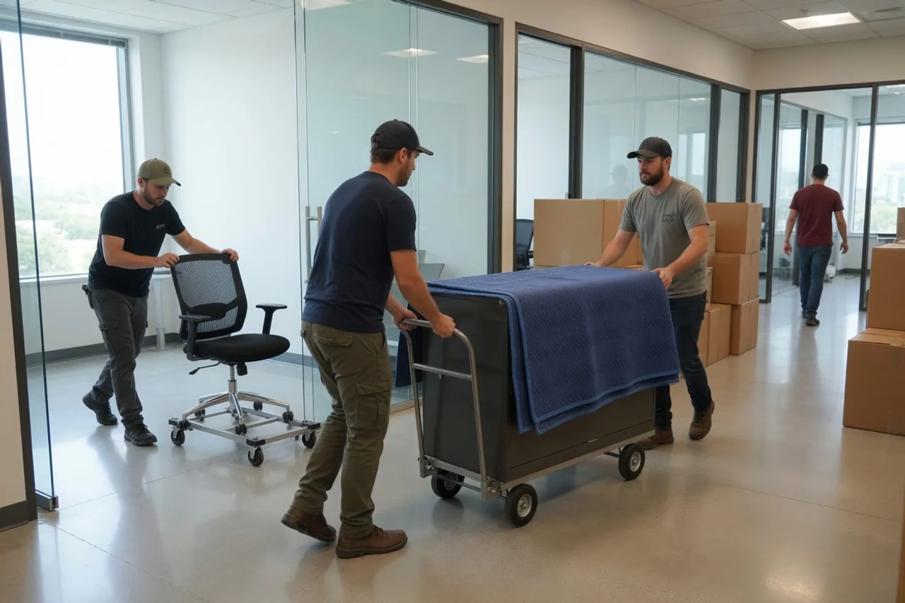 Équipe commerciale installant des postes de travail dans un centre-ville canadien