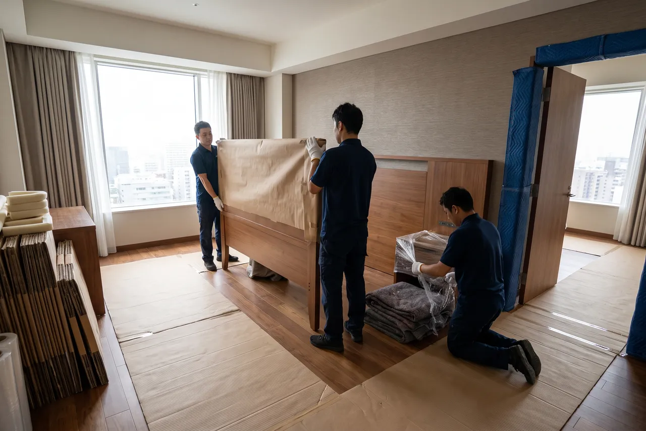 Équipe Mouvement Suivant déballant une tête de lit dans une chambre d’hôtel sur une protection de plancher lors d’une installation FF&E