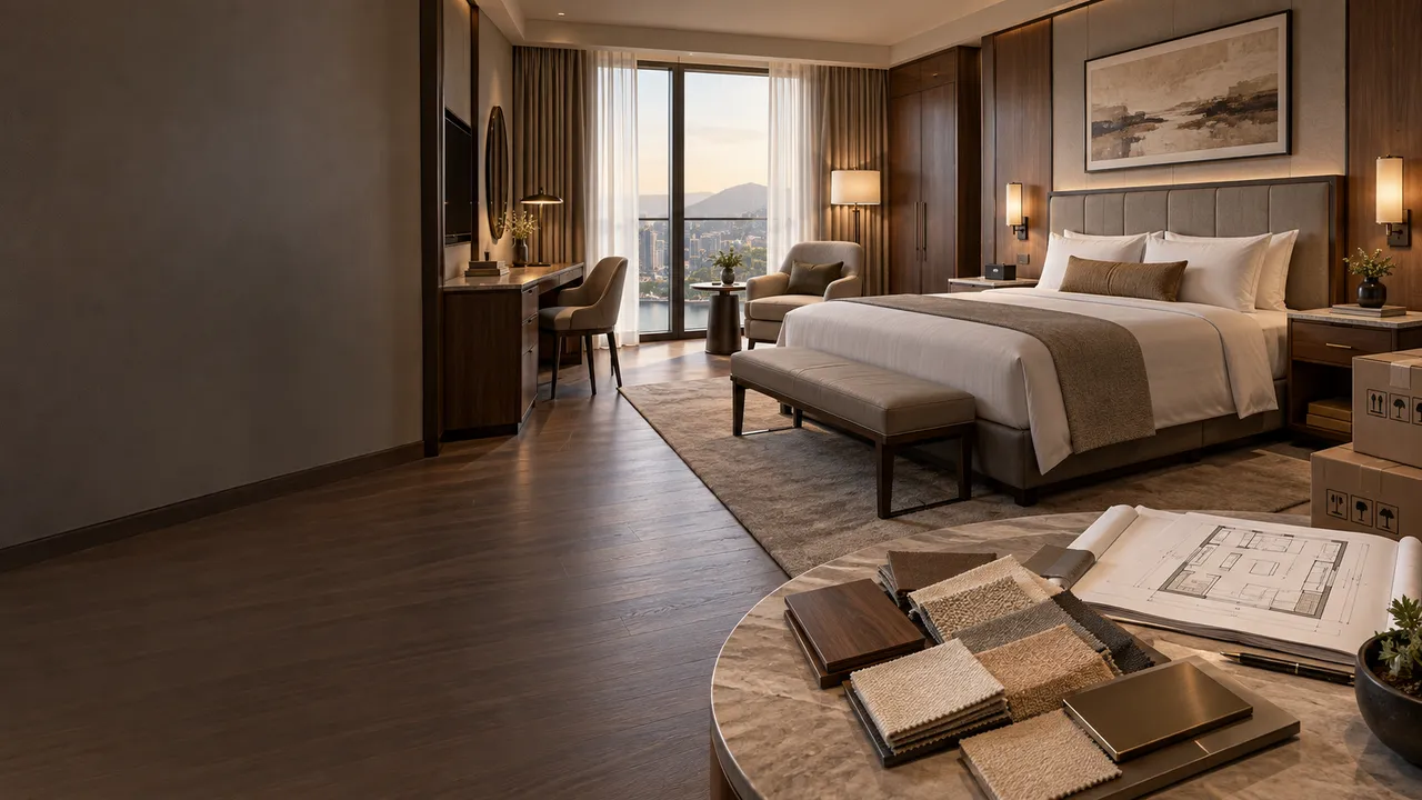 Chambre d’hôtel meublée avec tête de lit rembourrée, banc à bagages, bureau et appliques murales, avec des échantillons de bois, de tissu et de métal disposés devant un jeu de plans au premier plan