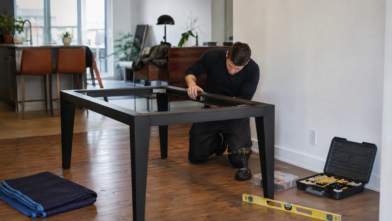 Installateur assemblant le cadre d’une table sur un plancher de bois, à côté d’une couverture et d’une caisse à outils