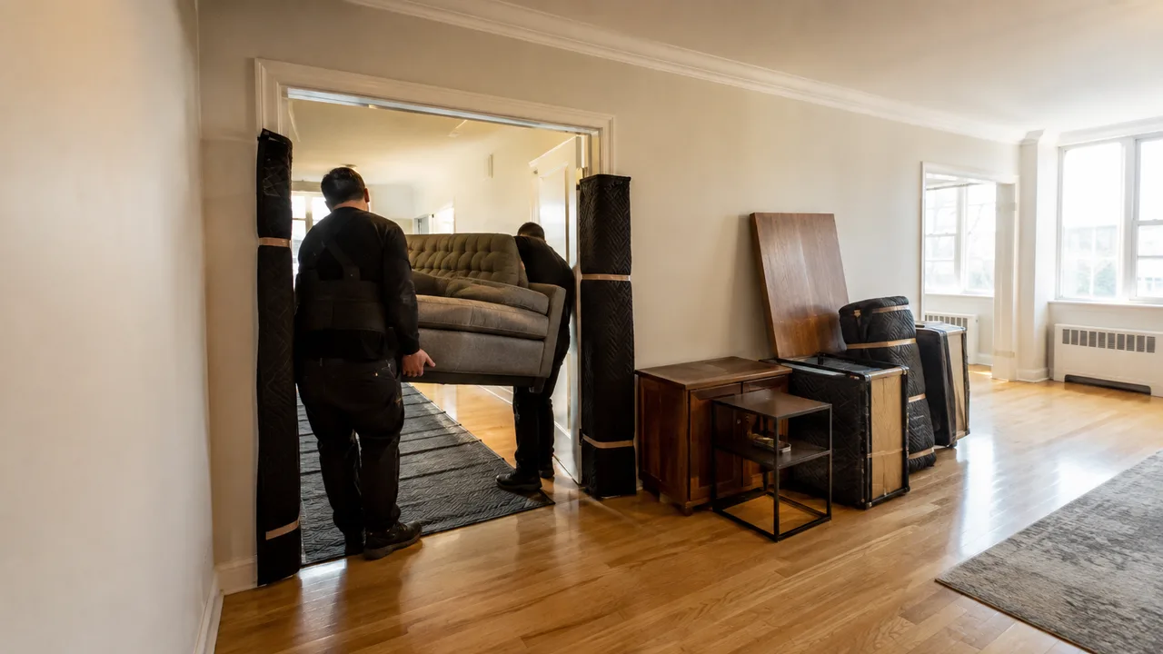 Déménageurs sortant un sofa par une porte protégée, devant du mobilier emballé prêt à être enlevé
