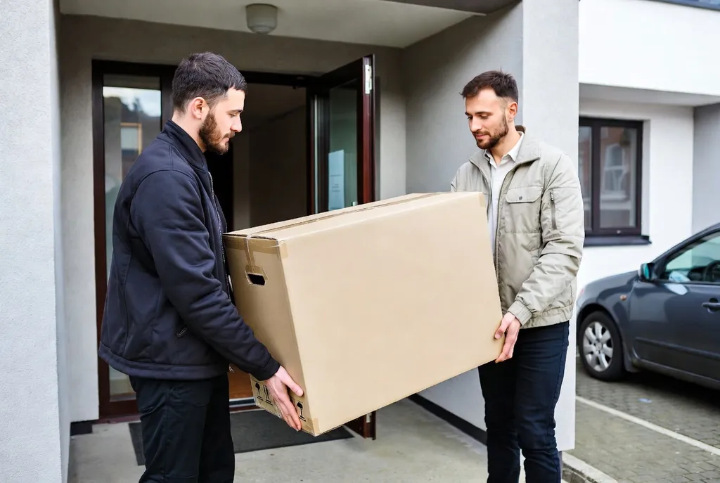 Équipe de livraison manipulant un gros item avec soin à une entrée résidentielle