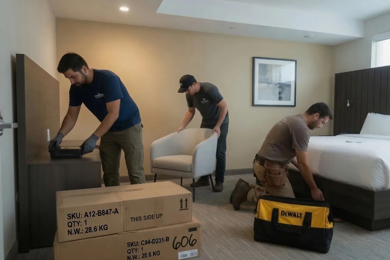 Equipe Mouvement Suivant installant mobilier, fixtures et equipement pour un projet specialise
